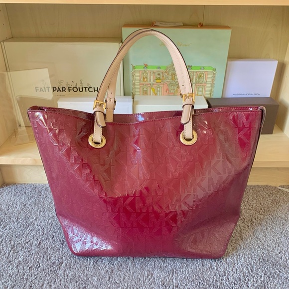 MICHAEL Michael Kors Handbags - Michael Kors Burgundy Maroon Red Monogram Patent Leather Tote Bag